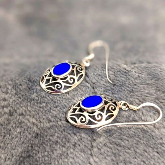 Vintage Sterling Silver & Lapis Lazuli Filigree Pierced Earrings - Picture 1 of 8